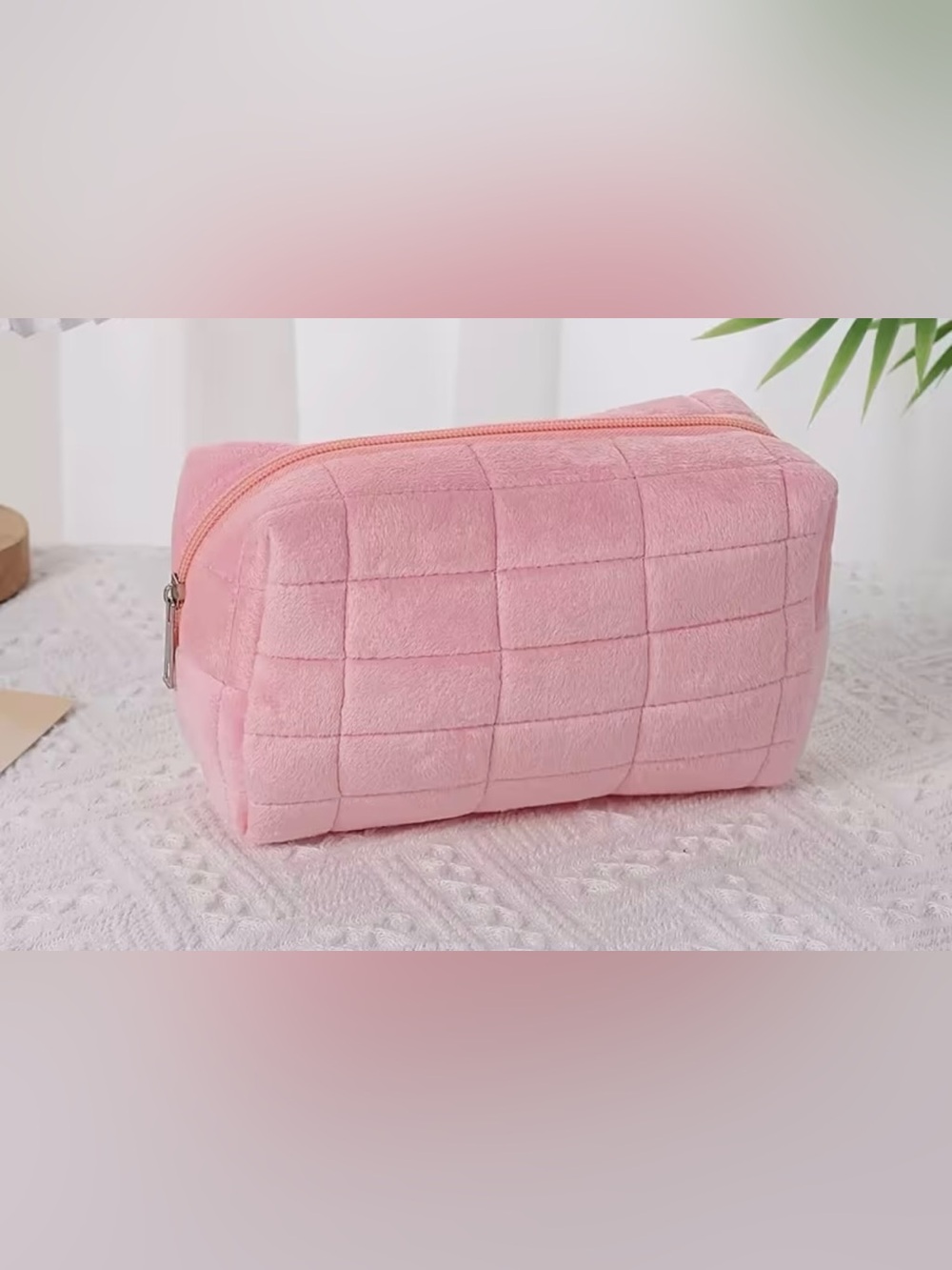 Plush Quilted Pink Cosmetic Bag